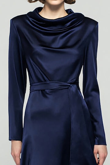 Robe de travail à manches longues à col bénitier bleu marine avec ceinture